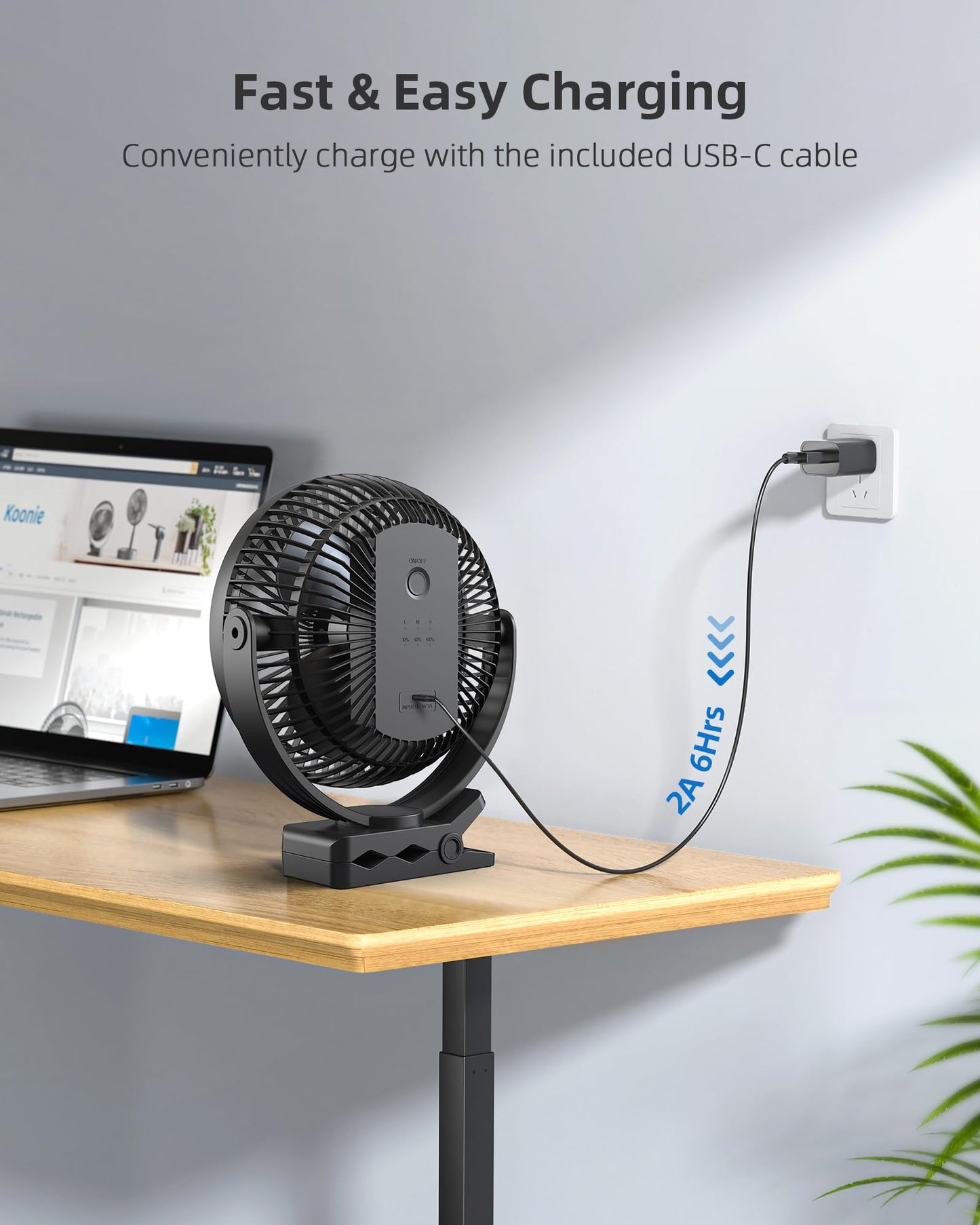 Koonie 8-Inch Rechargeable Clip-On Fan – 10000mAh, 4 Speeds, Black