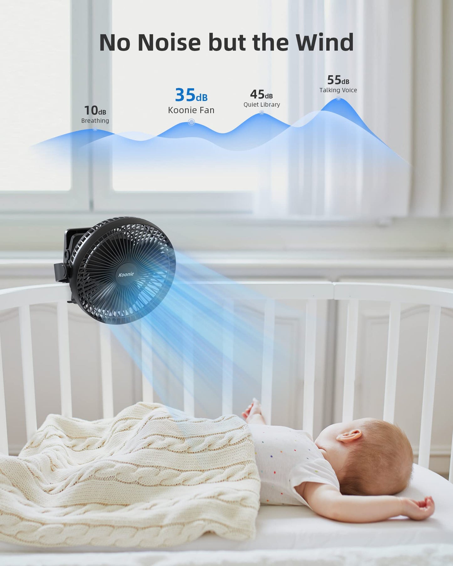 Koonie 8-Inch Rechargeable Clip-On Fan – 10000mAh, 4 Speeds, Black