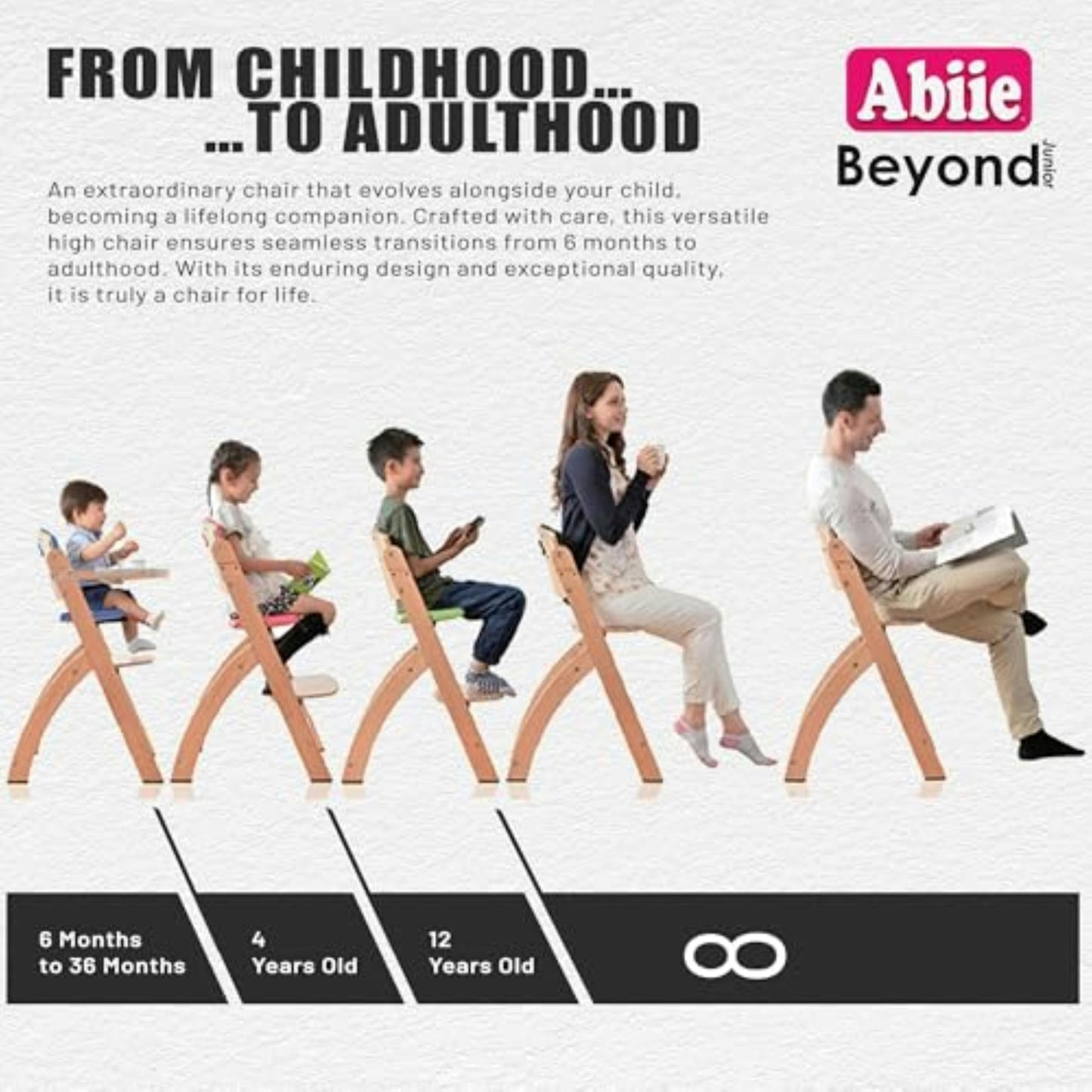 Abiie Beyond Junior Wooden High Chair – Adjustable & Convertible (Grey)