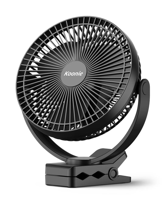 Koonie 8-Inch Rechargeable Clip-On Fan – 10000mAh, 4 Speeds, Black