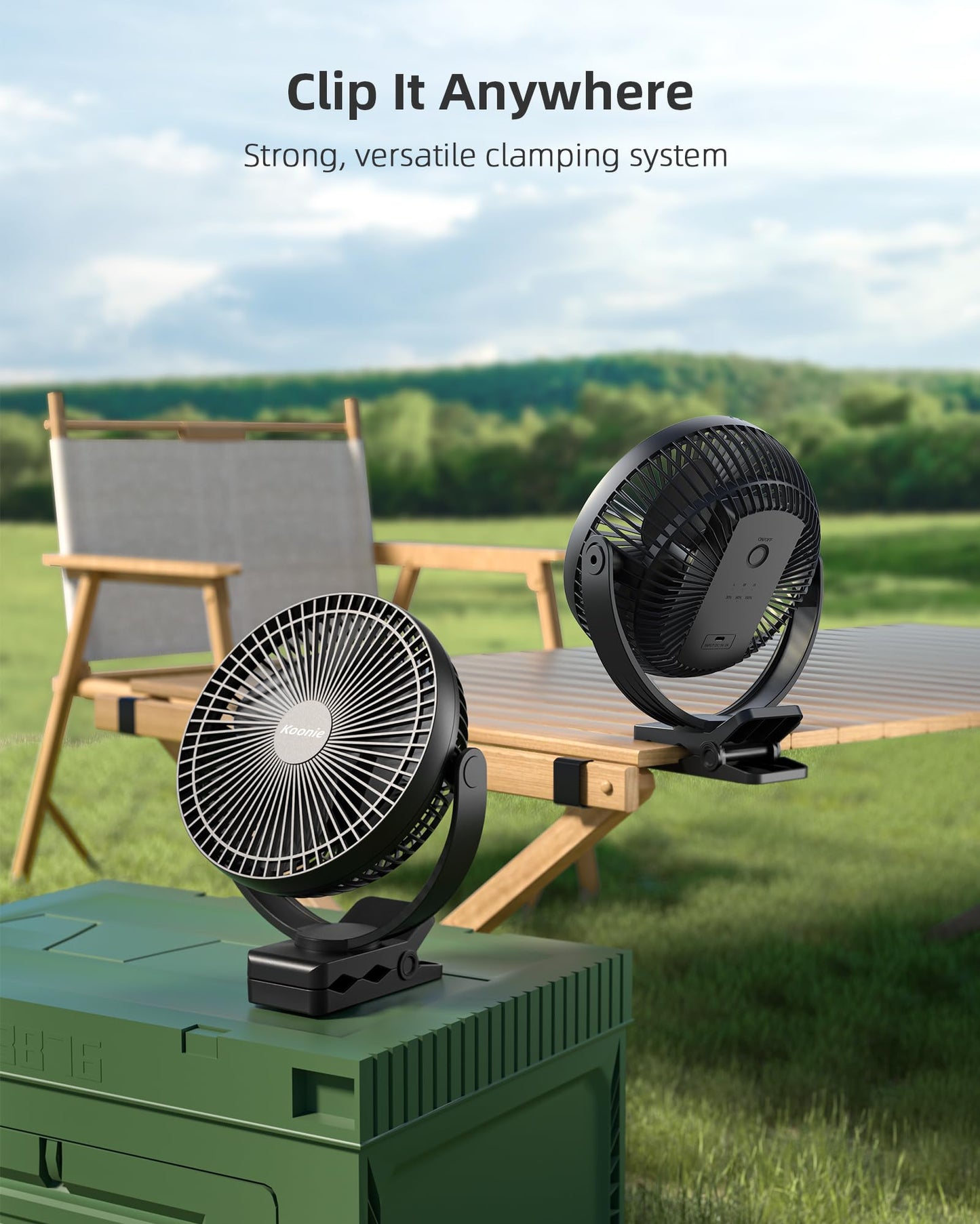 Koonie 8-Inch Rechargeable Clip-On Fan – 10000mAh, 4 Speeds, Black